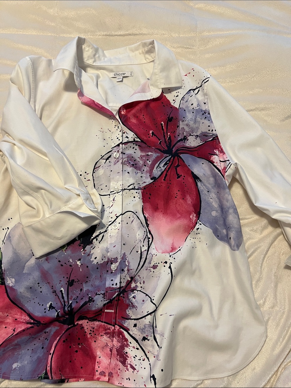 Chico's White Button-Down Shirt with Pink & Purple Floral Print